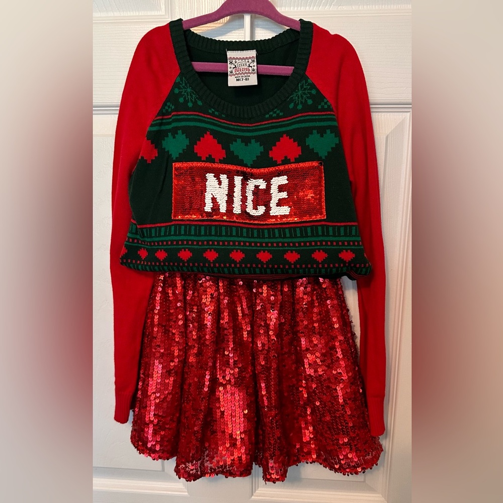 Girls Christmas Sequence Skirt and Flip Sweater